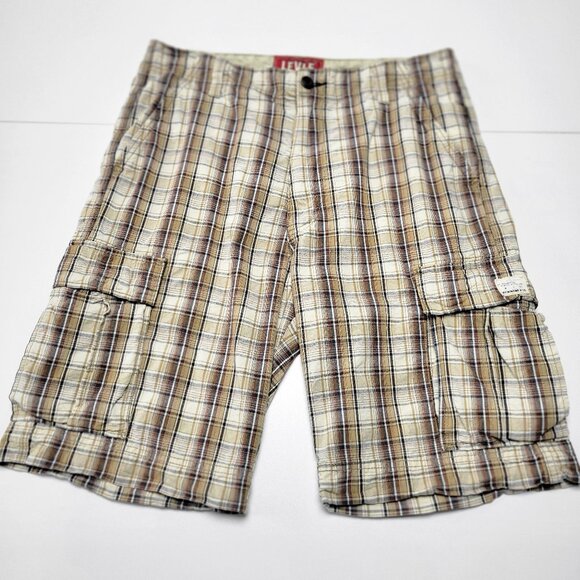 Levi’s Cargo Shorts Size 36 Plaid 100% Cotton Tan White Brown 11” Inseam - Picture 1 of 11